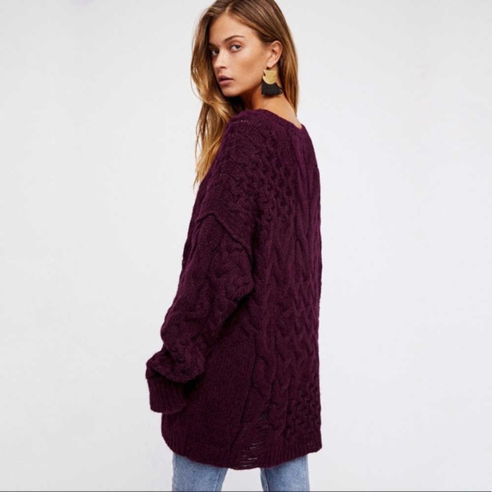Free People Destroyed Cable Pullover Sweater Maroon XS